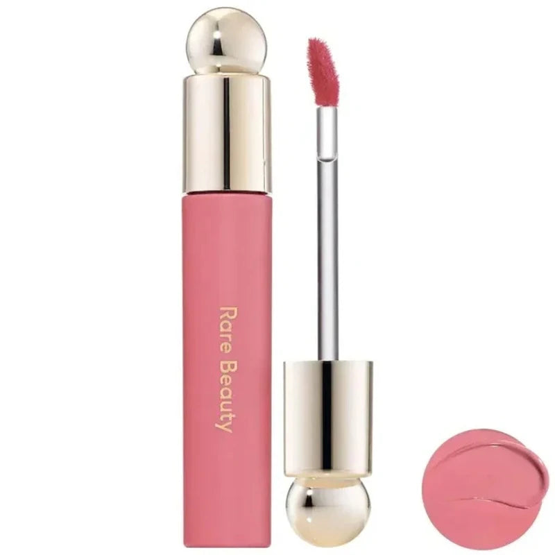 Rare Beauty Soft Pinch Tinted Lip Oil with applicator in a moisturizing pink gloss formula and swatch.