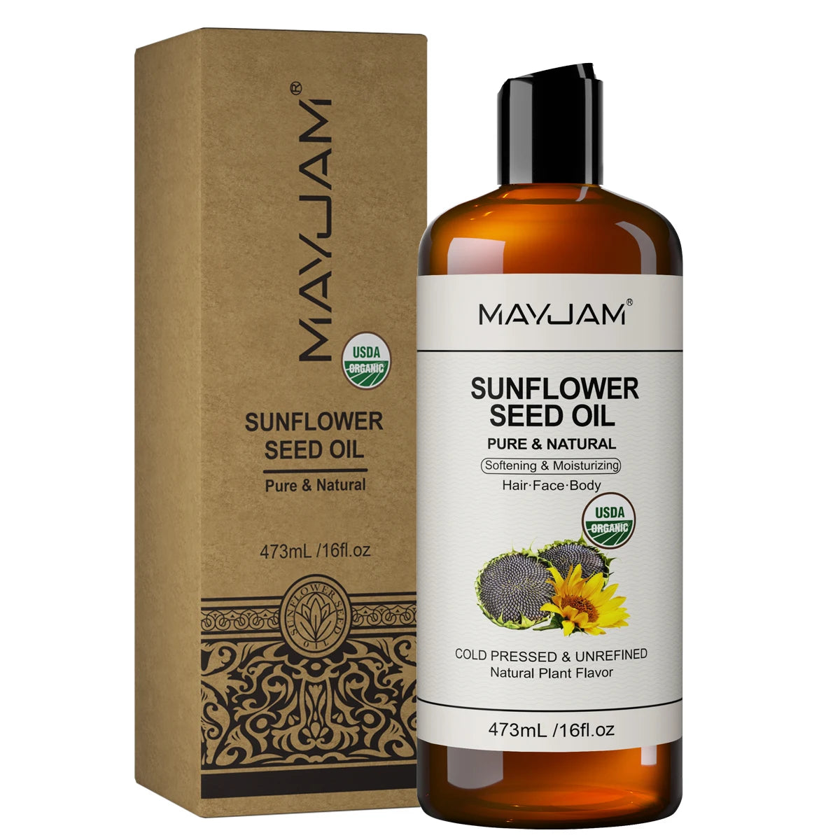 MAYJAM sunflower seed oil bottle and kraft box, 473 mL, cold pressed and unrefined