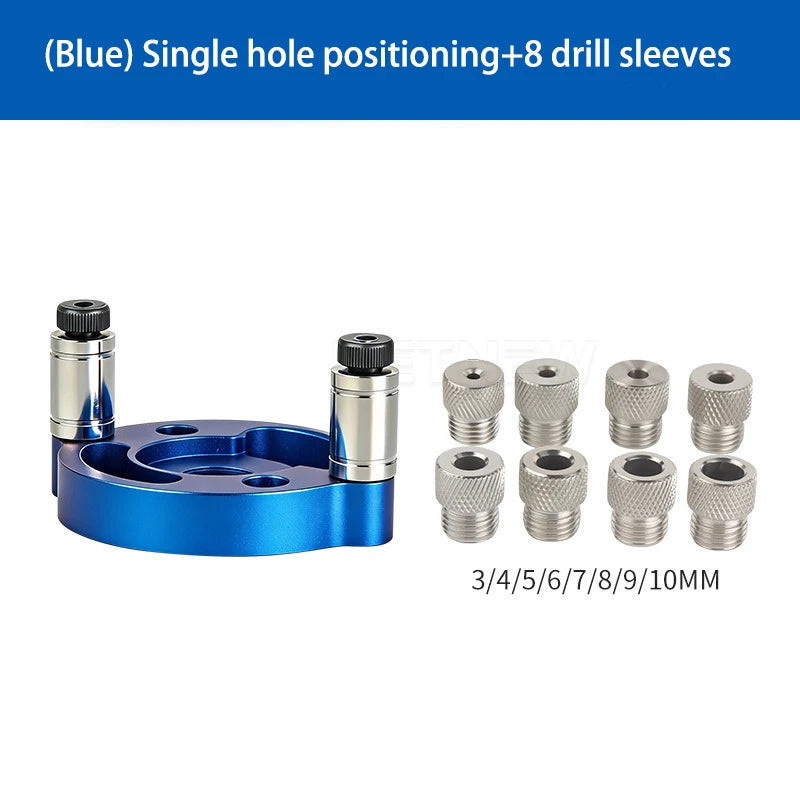 Blue single-hole drill guide jig with multiple metal drill sleeves for dowel hole drilling