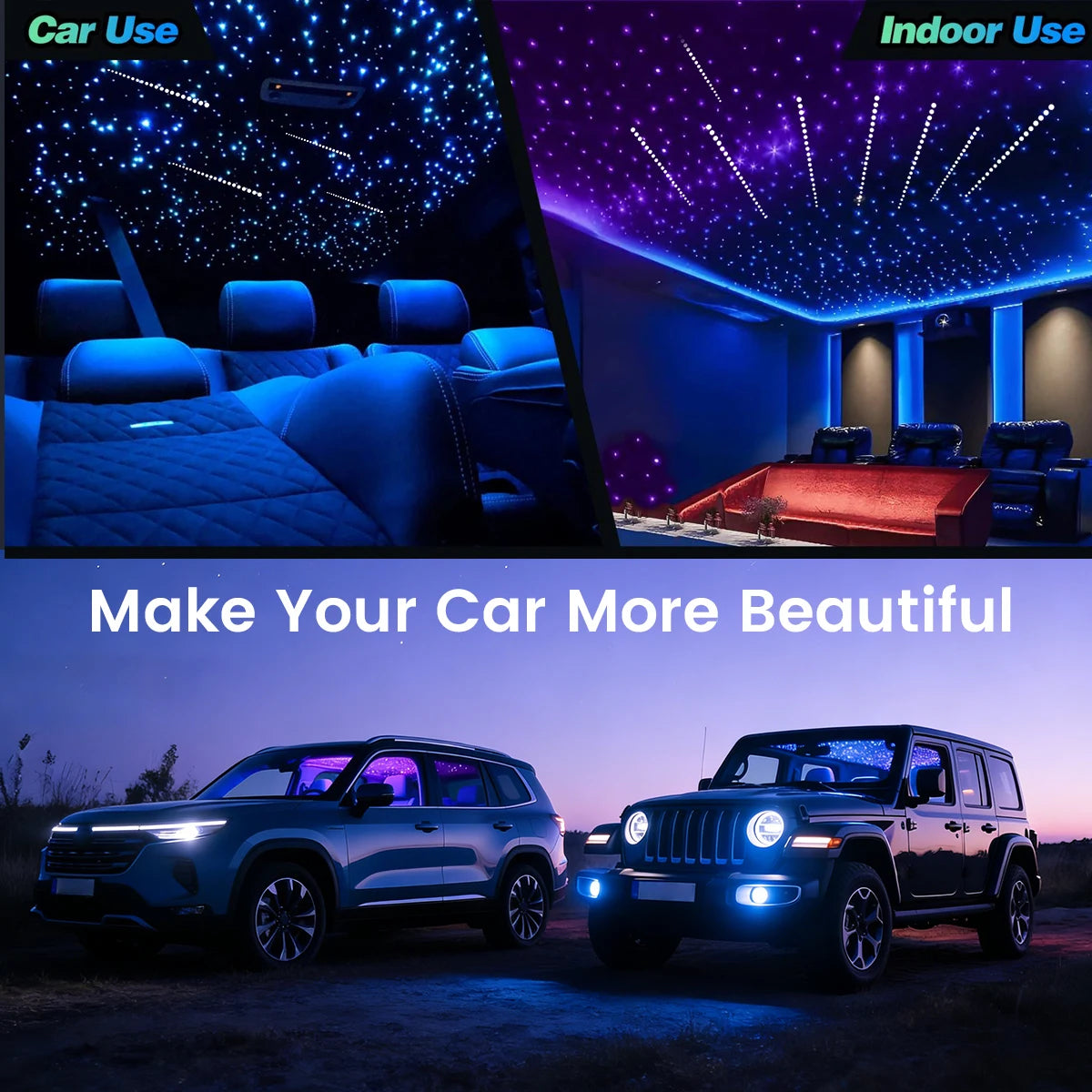 Twinkle & Meteor Starlight Headliner Kit for Car Strands for Ambient Interior Decor 32W RGBW Fiber Optic Star Light Engine