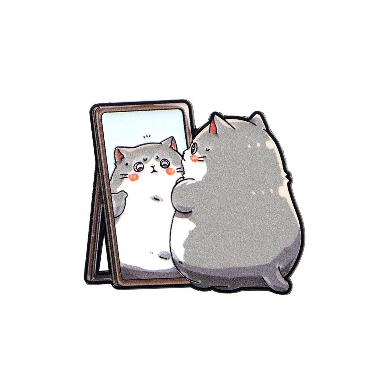 Cute grey cat enamel pin featuring a chubby cat looking in a mirror. Perfect lapel badge for backpacks or fashion gifts.