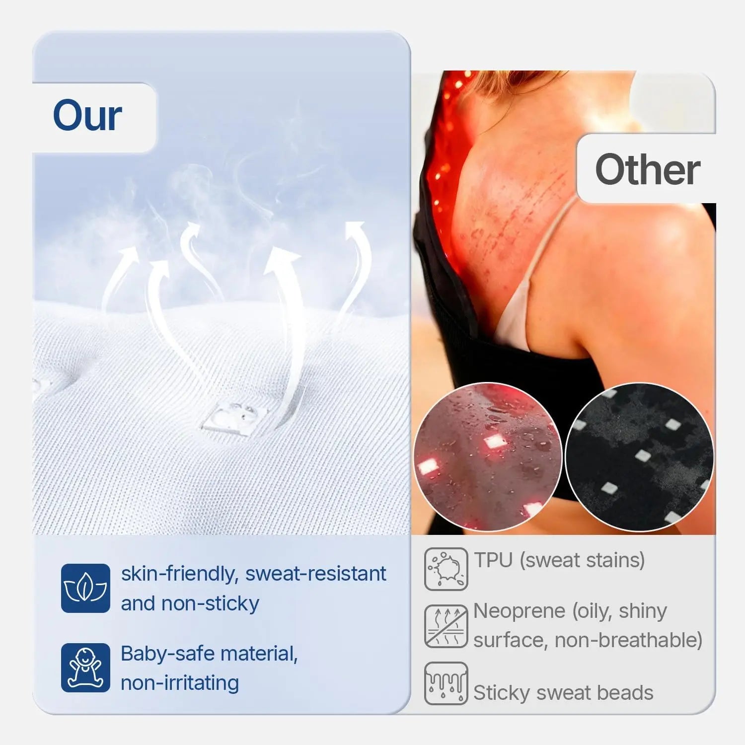 Comparison of a breathable red light therapy mat versus a sticky, non-breathable neoprene alternative.