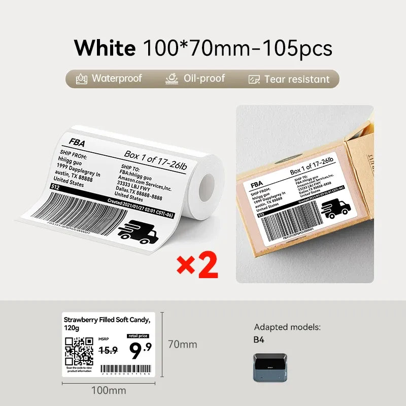 White 100x70mm label stickers roll, 105 pcs, waterproof oil-proof tear-resistant