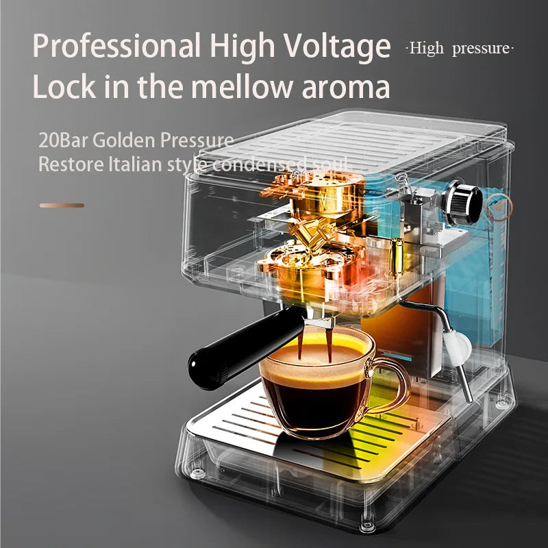 Transparent 20-bar Italian espresso machine with visible golden internal components, drip tray, and glass cup.