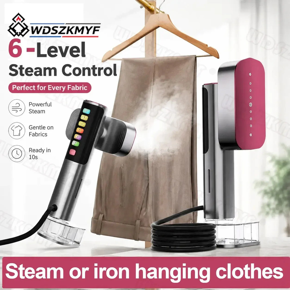 Garment steamer with 6-level steam control releasing powerful steam onto hanging pants on a wooden hanger.