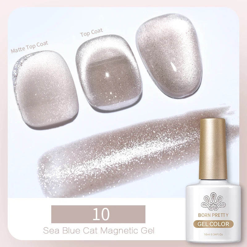 Sea Blue Cat Magnetic Gel nail polish with shimmering silver texture, shown on swatch nails and a 10ml glass bottle.