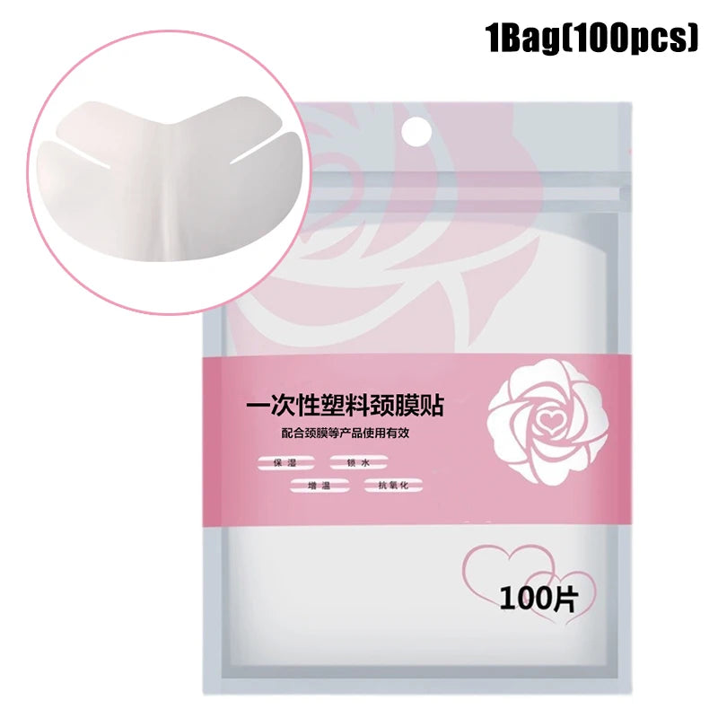 A bag of 100 white, disposable plastic neck mask sheets featuring a curved, flexible shape for skincare.