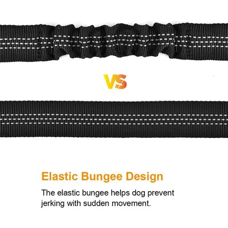 Adjustable black reflective dog car seat belt with elastic bungee design to prevent jerking and ensure pet safety.