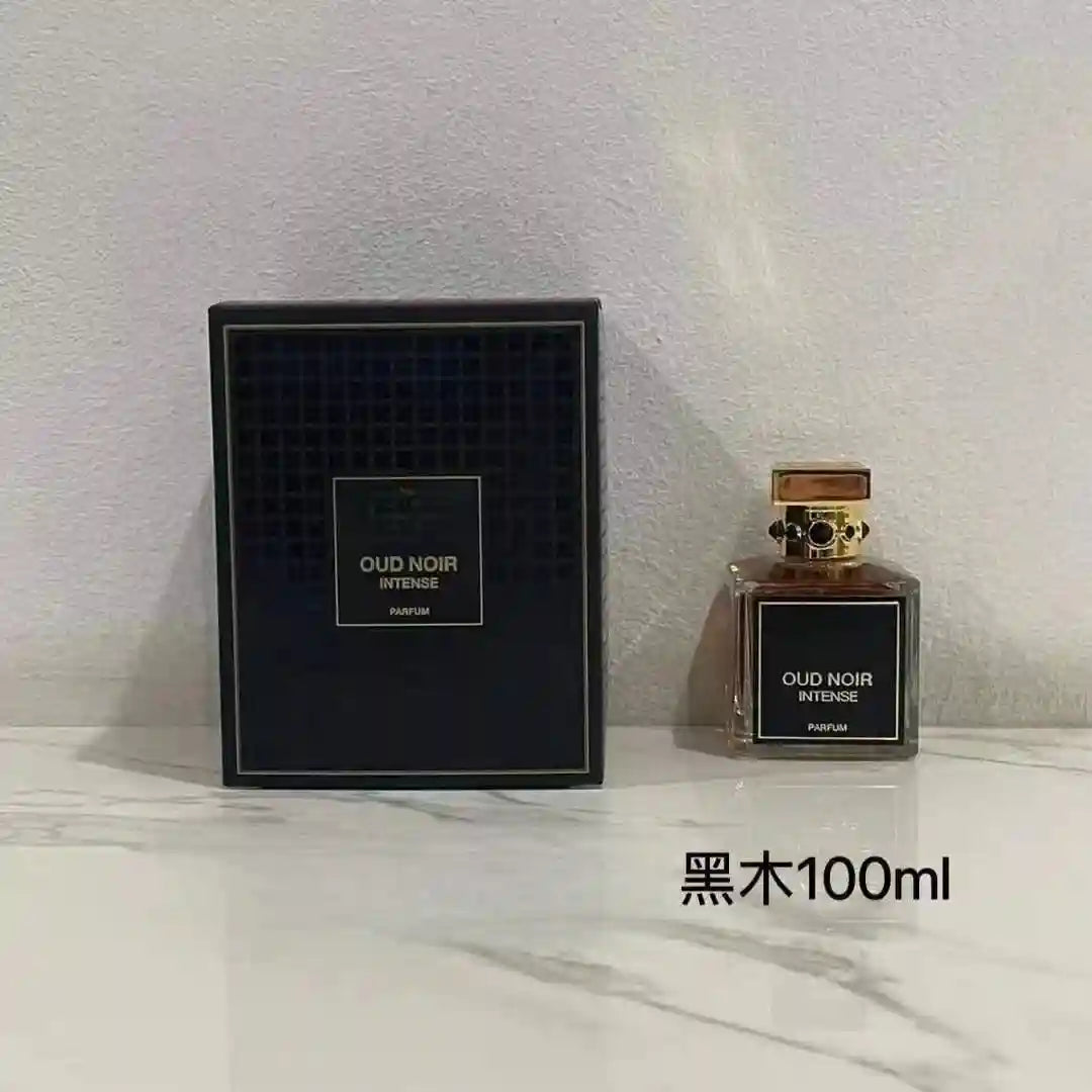 Oud Noir Intense Parfum: 100ml luxury woody aromatic cologne in a square glass bottle with gold cap and gift box.