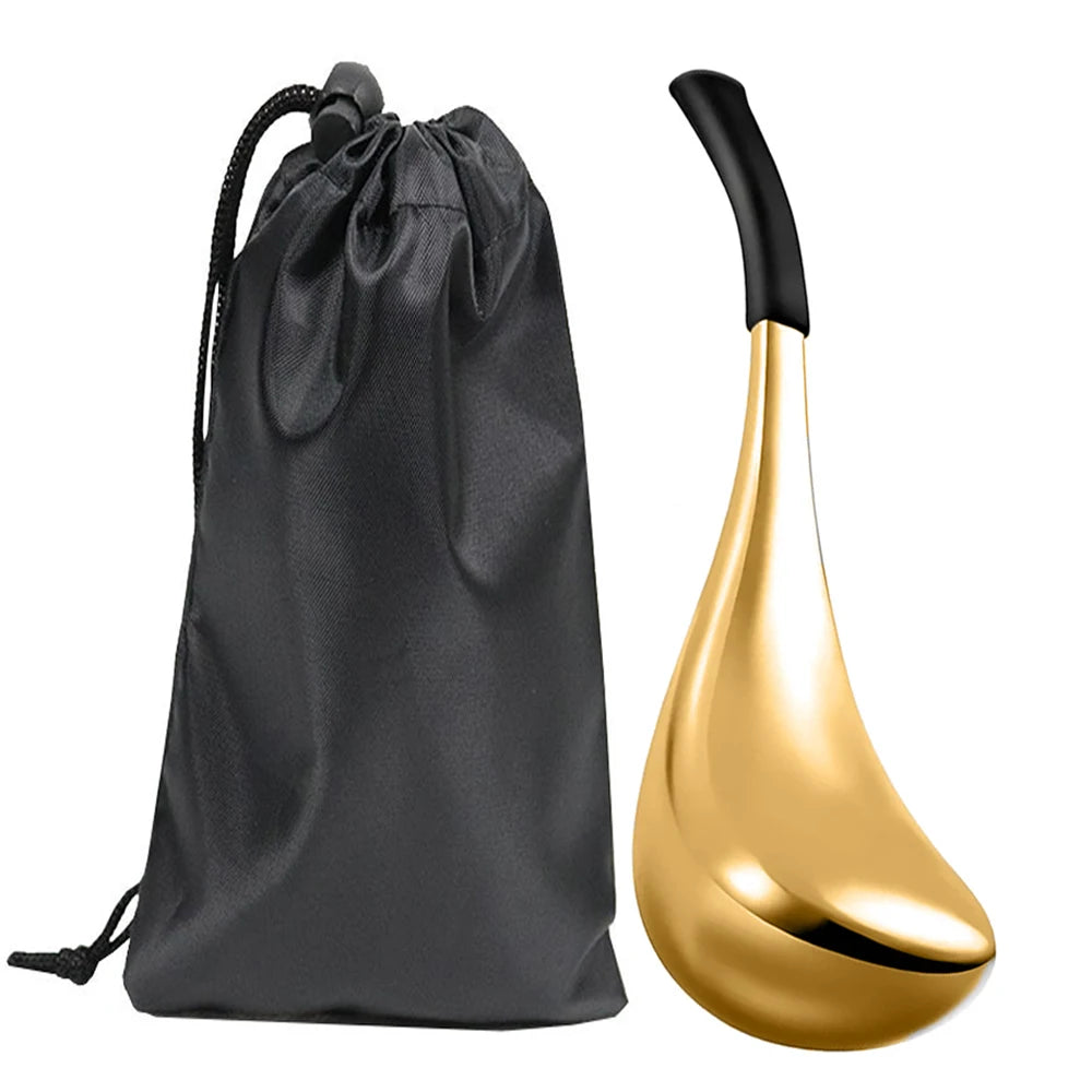A teardrop-shaped gold facial massage wand with a black handle next to a black drawstring storage pouch.
