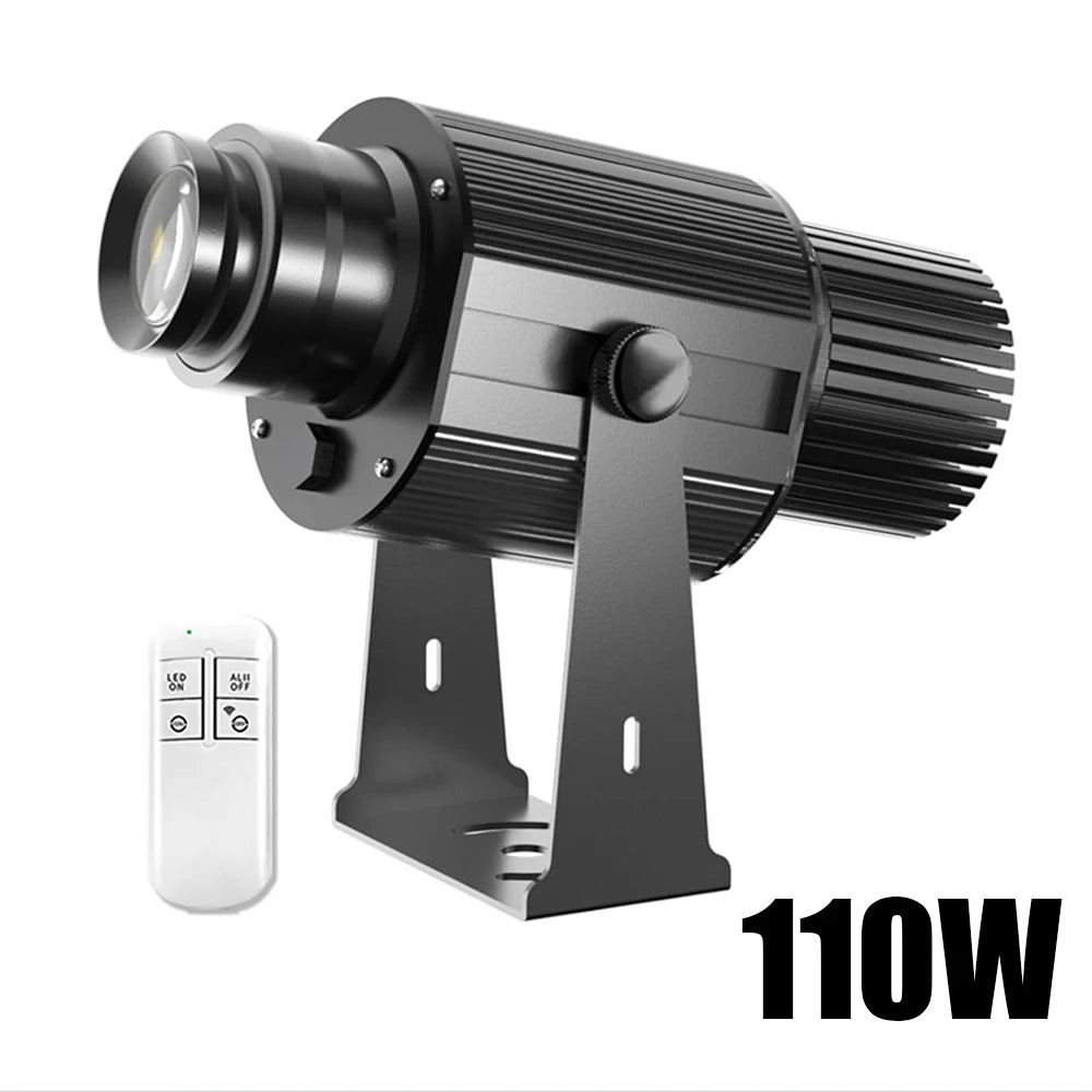 Outdoor LED spotlight projector with remote and 110W power rating, black metal housing