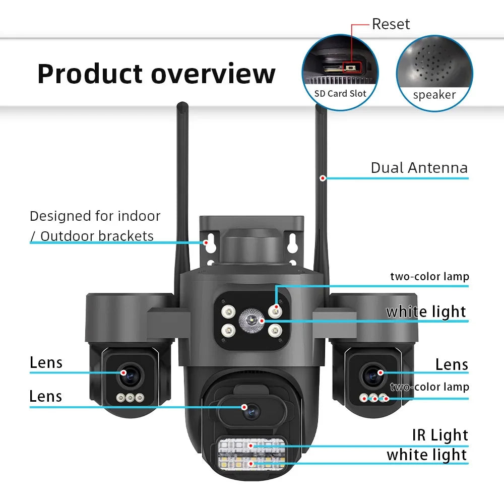 15MP ICSEE Protocol Security Camera 3-HD Screens Auto Tracking Color Night Vision 2-Way Audio Outdoor WiFi CCTV Cam