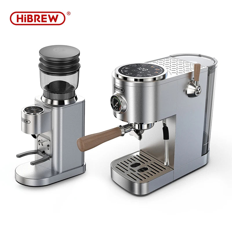 HiBREW silver espresso machine and coffee grinder set with stainless steel finish and wood handle accents.