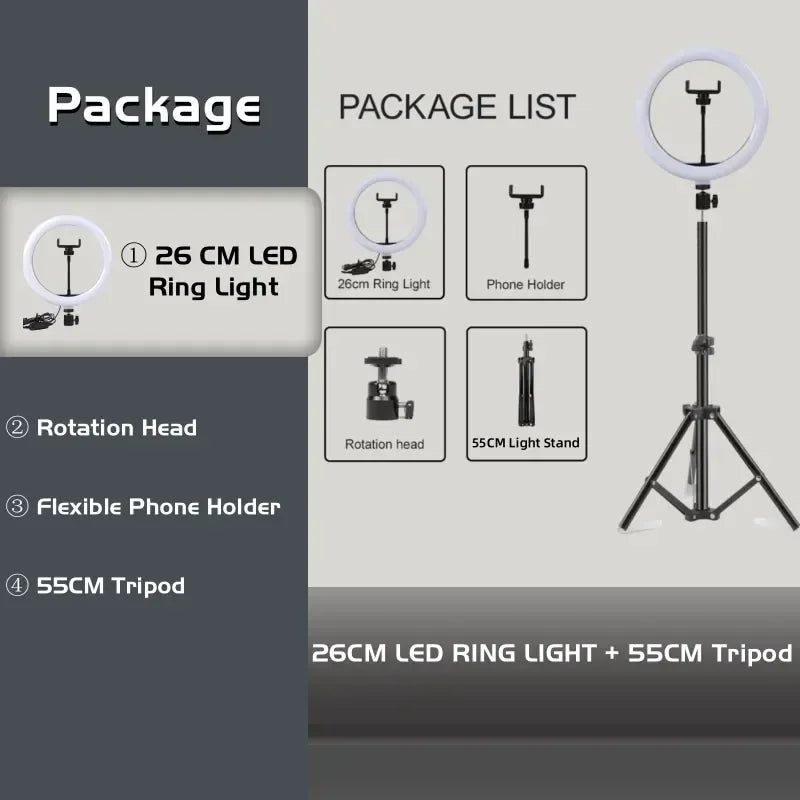 LED Ring Light with Tripod Stand - Professional Content Creation Lighting 10in Ring BK55cm Tidesmit