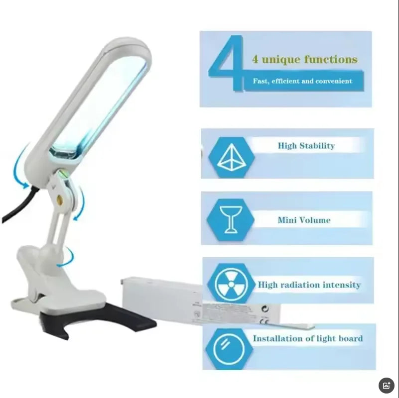 Portable white 311nm UVB light therapy lamp for treating vitiligo, psoriasis, and eczema with adjustable clip-on base.