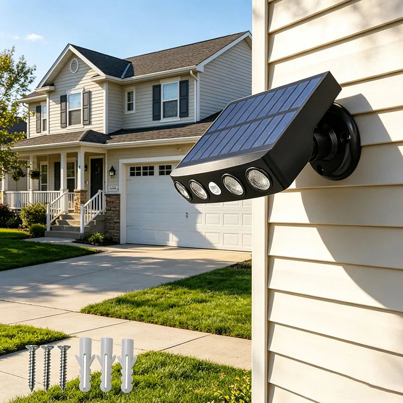3000W Solar Powered Outdoor Wall Light Motion Sensor Security Lights 4 LED Bulbs 3 Modes Night Work Lamp for Patio Garden Porch Fence Corridor Balcony