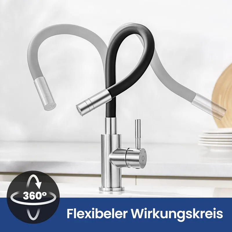 Black Kitchen Flexible Mixer, Kitchen Faucet with 2 Spray Types, Foldable Kitchen Faucet, Black Faucet with Hot and Cold Water, 360° Swivel