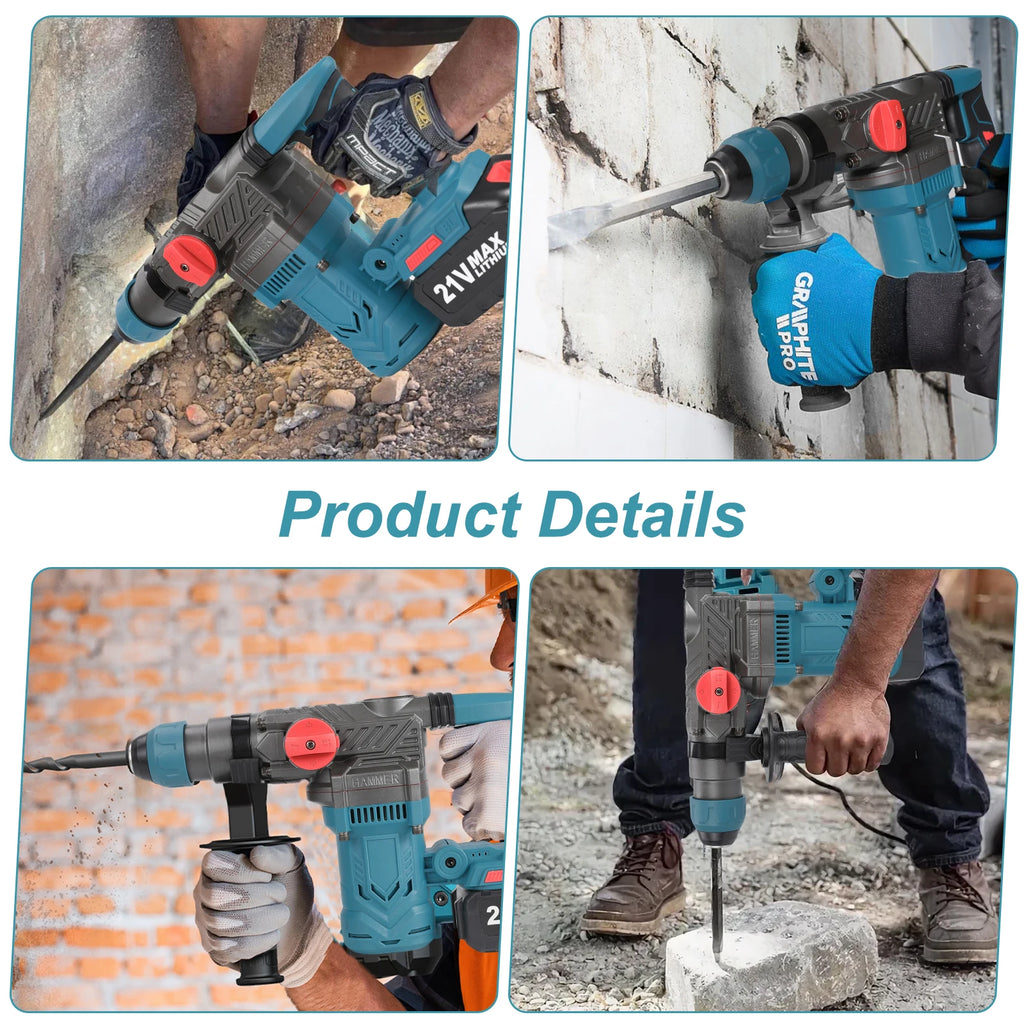 Brushless Electric Hammer Drill Multi-function Rotating Power Screwdriver 26MM Wireless Hammer Drill Tool Compatible with Makita 21V Battery