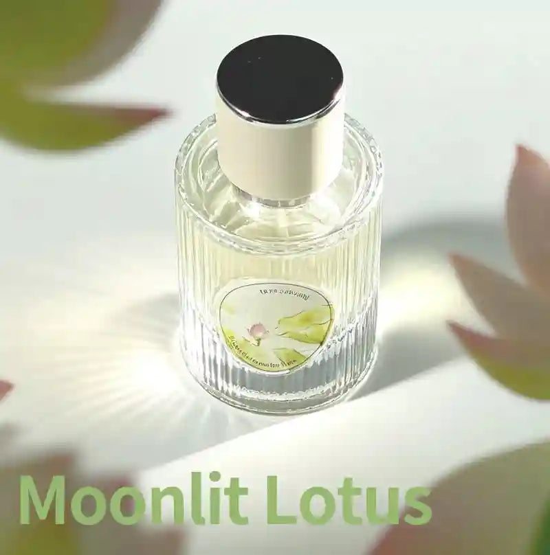 Fresh Lotus Perfume: Floral woody EDP for women. Round ribbed bottle with jasmine, lotus, and Oriental scent profile.