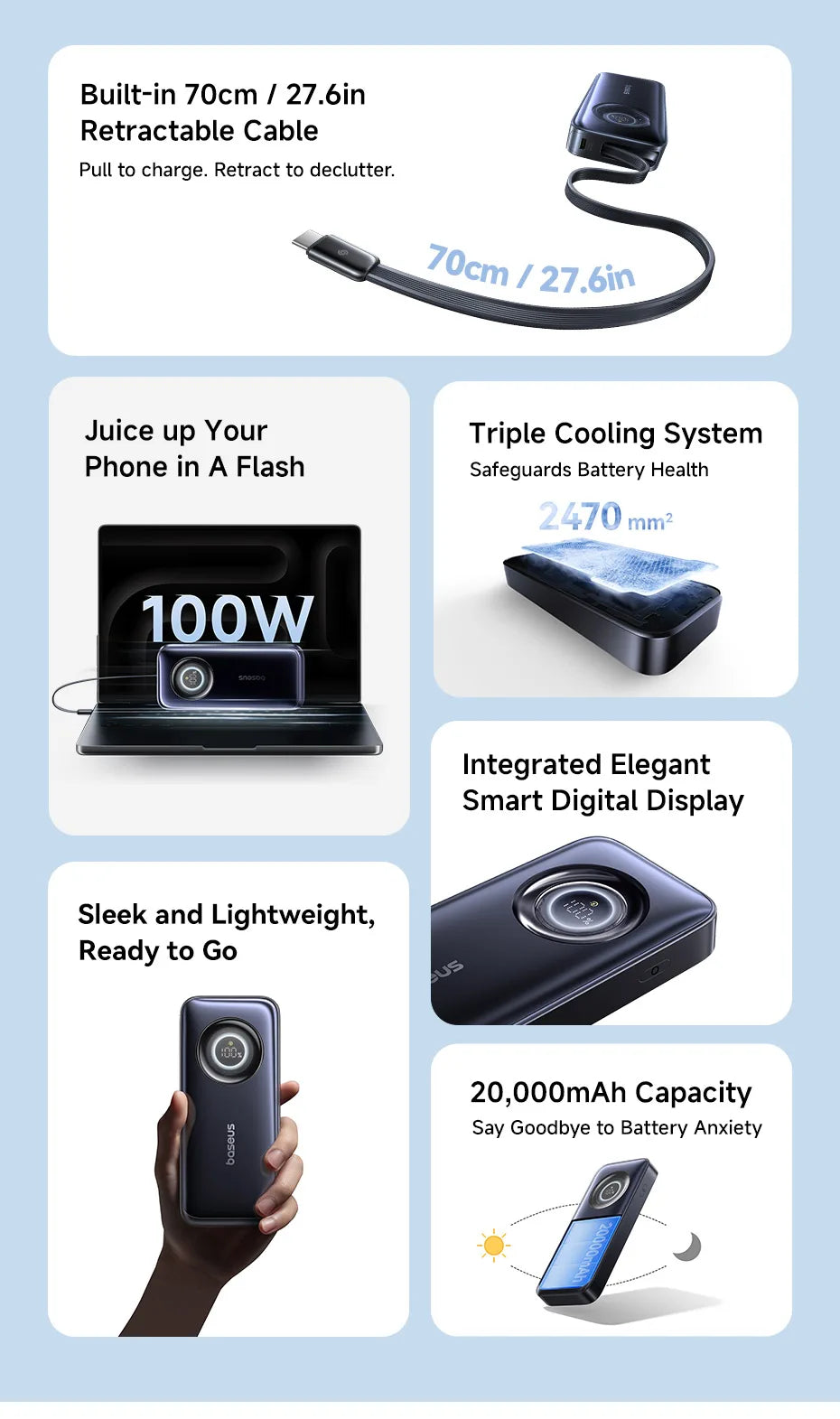 20000mAh 100W PD Power Bank with Retractable USB-C Cable Tidesmit