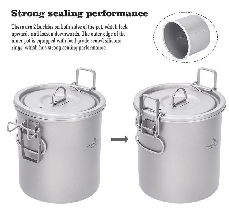 Titanium lidded cooking pot with silicone sealing edge, shown with clamps