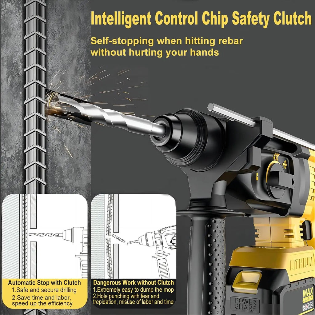 Brushless Cordless Rotary Hammer Drill 3-in-1 Heavy Duty Electric Demolition Hammer Impact Drill Concrete Breaker Chisel Power Tool High Power SDS Plus Compatible Lithium Battery