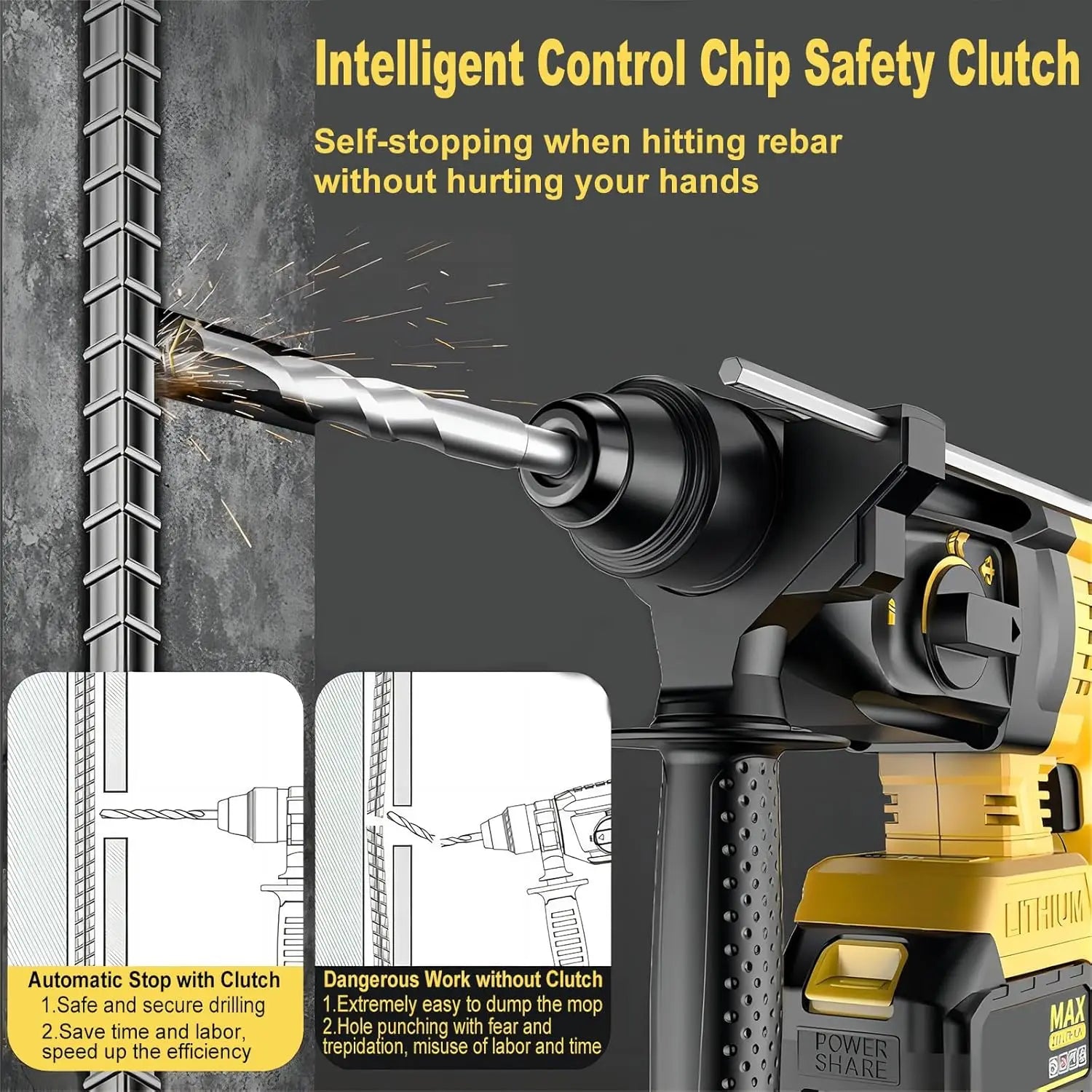 Brushless Cordless Rotary Hammer Drill 3-in-1 Heavy Duty Electric Demolition Hammer Impact Drill Concrete Breaker Chisel Power Tool High Power SDS Plus Compatible Lithium Battery