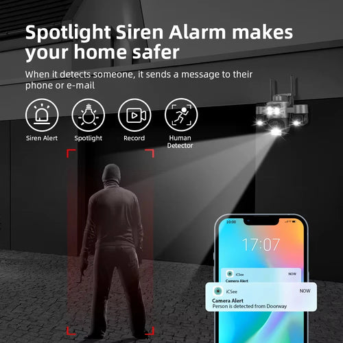 Spotlight siren security camera with human-detection alert and phone notification