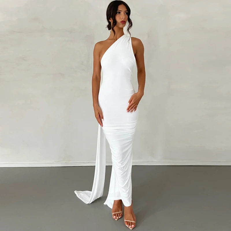 2023 One Shoulder Backless Adjustable Scarf Loop Ruched Sexy Maxi Dress Women Elegant Y2K Streetwear Festival Outfit