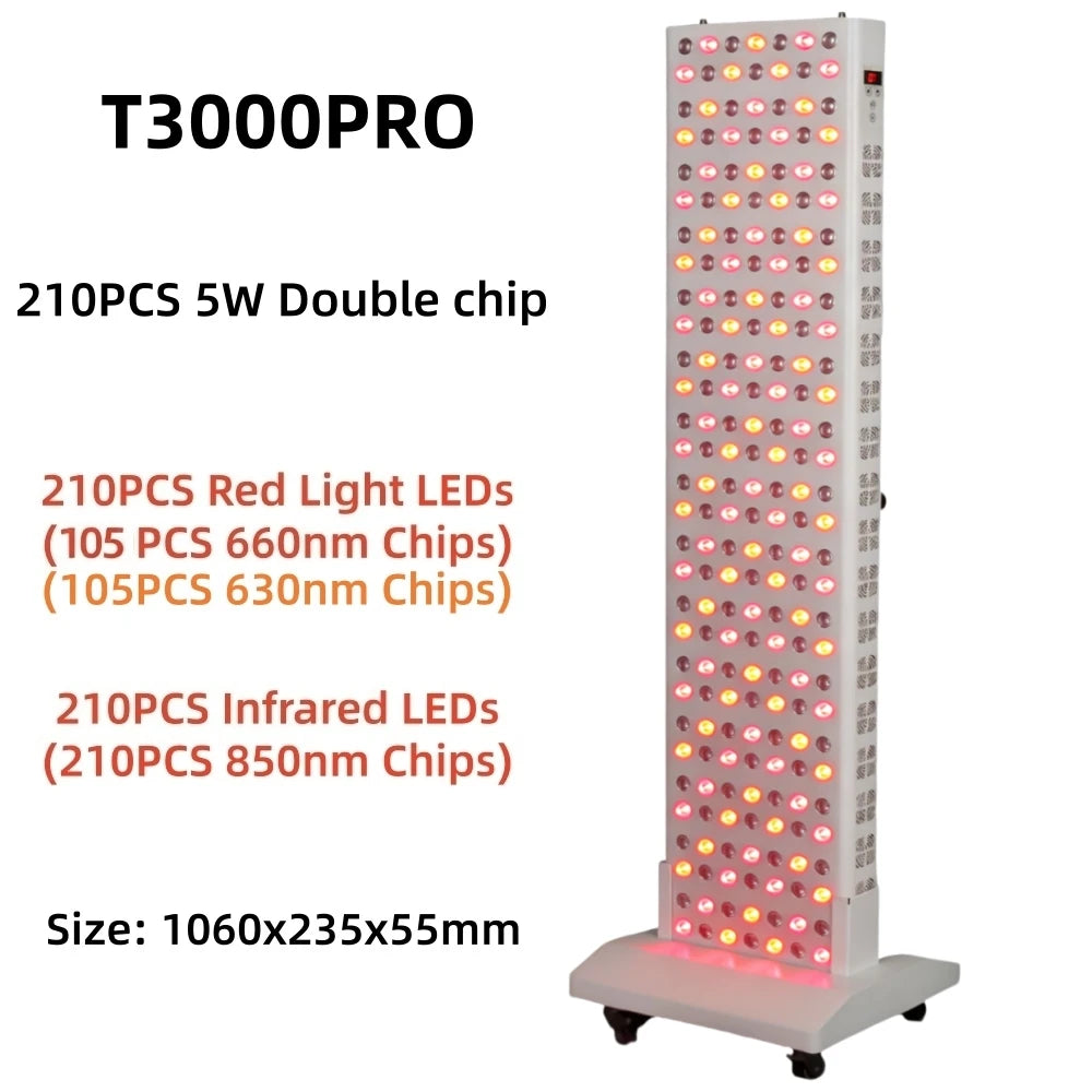 T3000PRO red light therapy panel with 210 dual-chip LEDs for home anti-aging and pain relief on a wheeled stand.