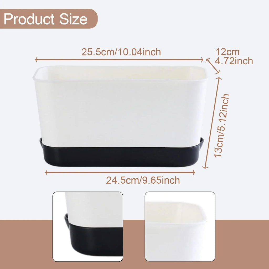 White rectangular window box planter with black base, size diagram.