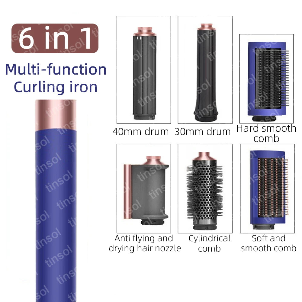 6-in-1 high-speed ionic hair dryer set in blue and rose gold with curling barrels, brushes, and drying nozzle.