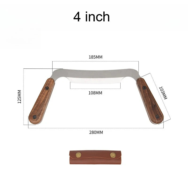 4-inch draw shave tool with gray metal blade and dark wood handles, includes leather cover