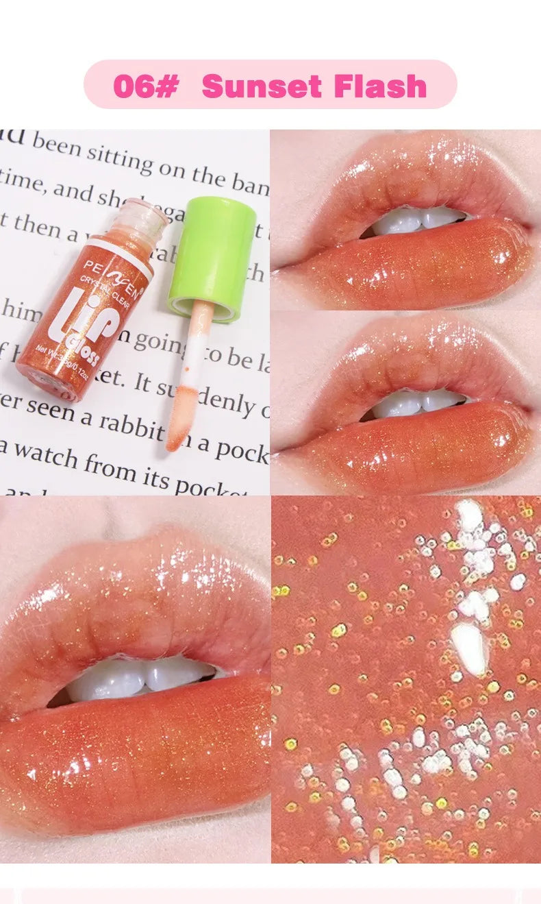 Sunset Flash lip oil with golden shimmer, hydrating transparent gloss texture, and plumping effect on lips.