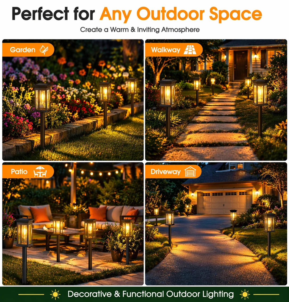21 Inch 8 Pack Black IP65 Waterproof Solar Pathway Lights Adjustable Height Filament LED Outdoor Garden Landscape Lighting For Yard Patio Walkway Lawn Home Decor Gift Halloween Christmas