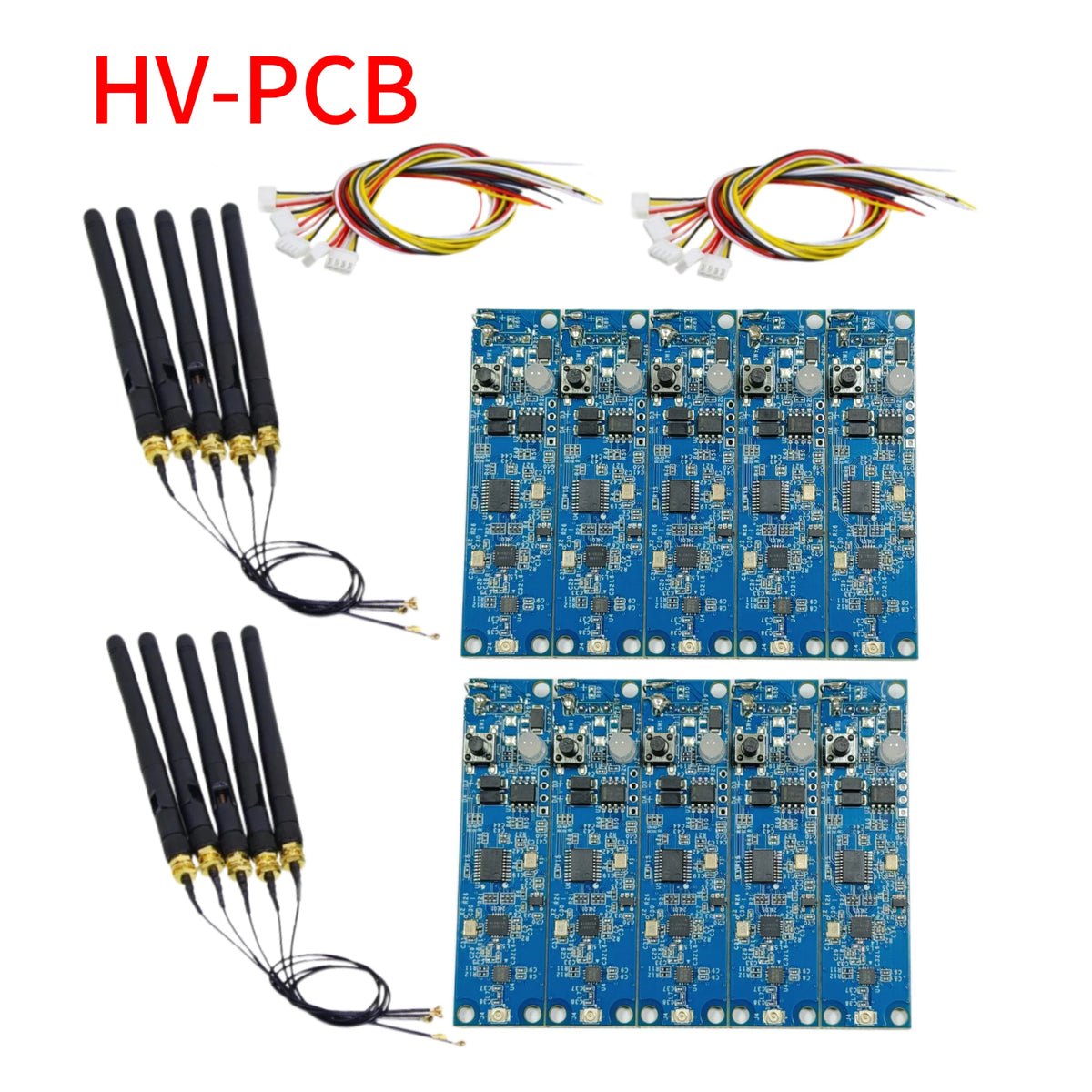 Two blue controller PCBs with multicolor wire harnesses and eight black antenna rods