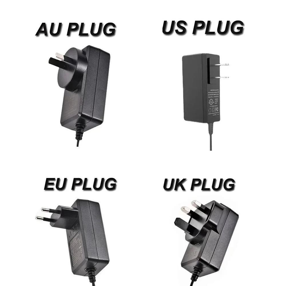 Power adapters for red light therapy belt, available in AU, US, EU, and UK plug types for home use devices.