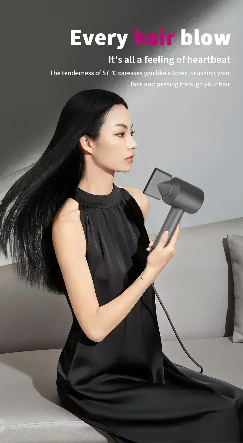 Woman using grey 5-in-1 professional hair dryer with concentrator nozzle for smooth, thermostatic styling.