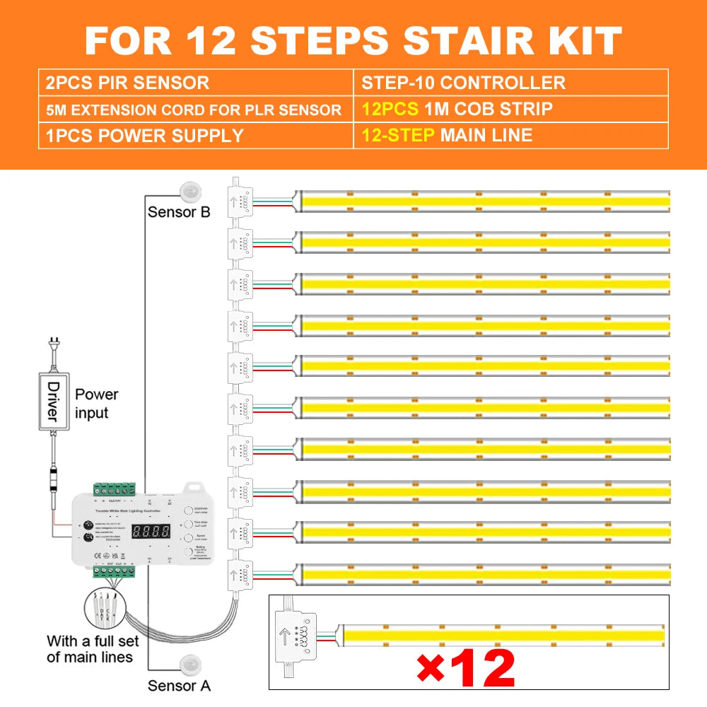 Dimmable LED stair light kit with motion sensors, wiring diagram for 12 steps