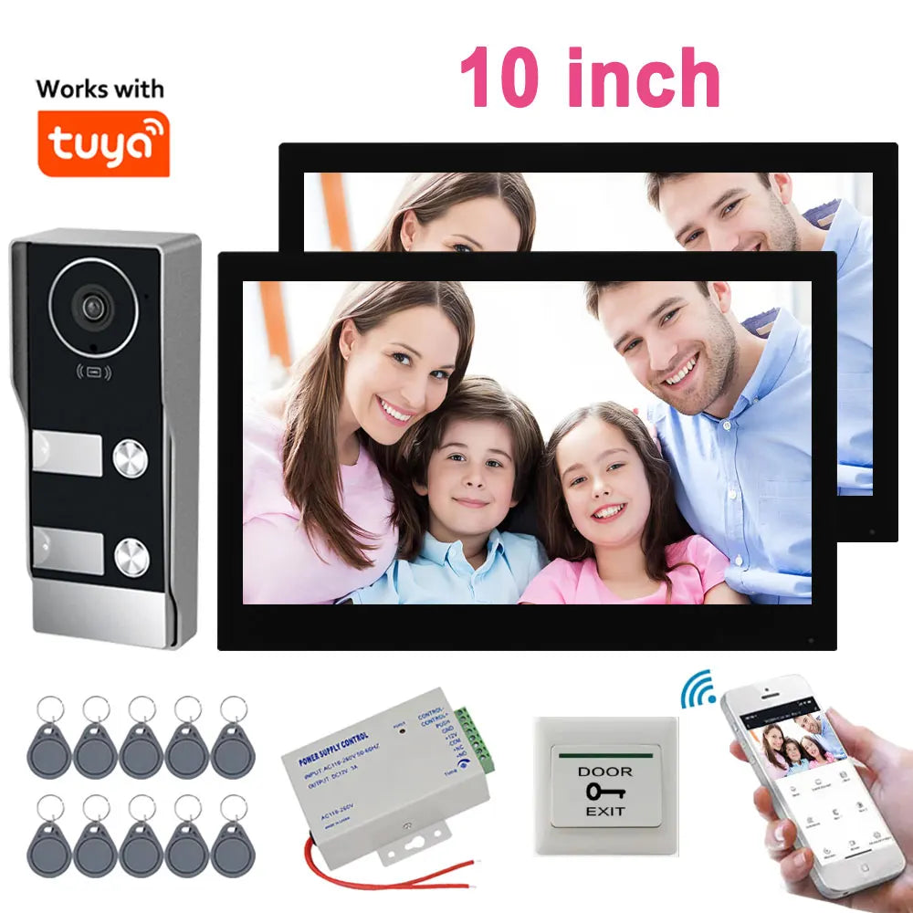 10-inch wired video door phone kit with black doorbell camera, black LCD monitor, RFID tags