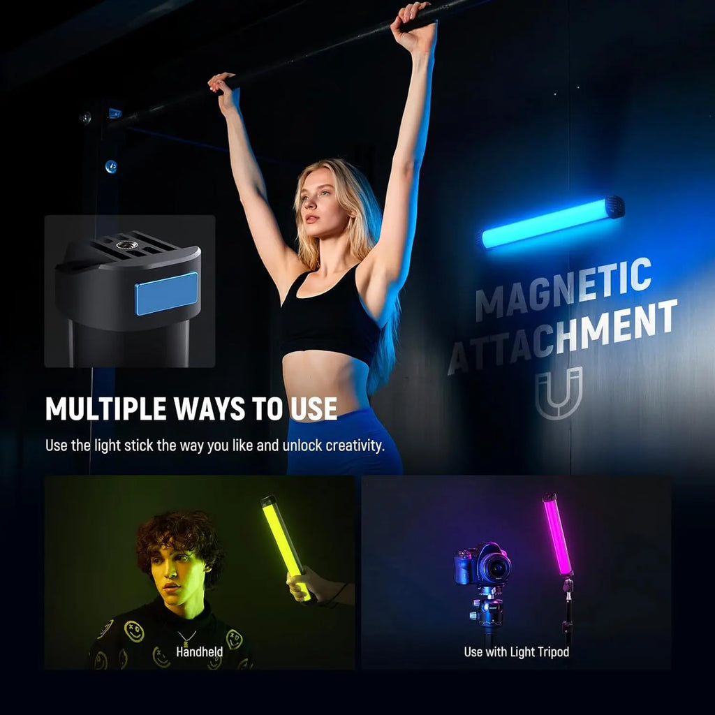 Portable LED light stick with magnetic back, tripod mount, and RGB color options for handheld or mounted use.