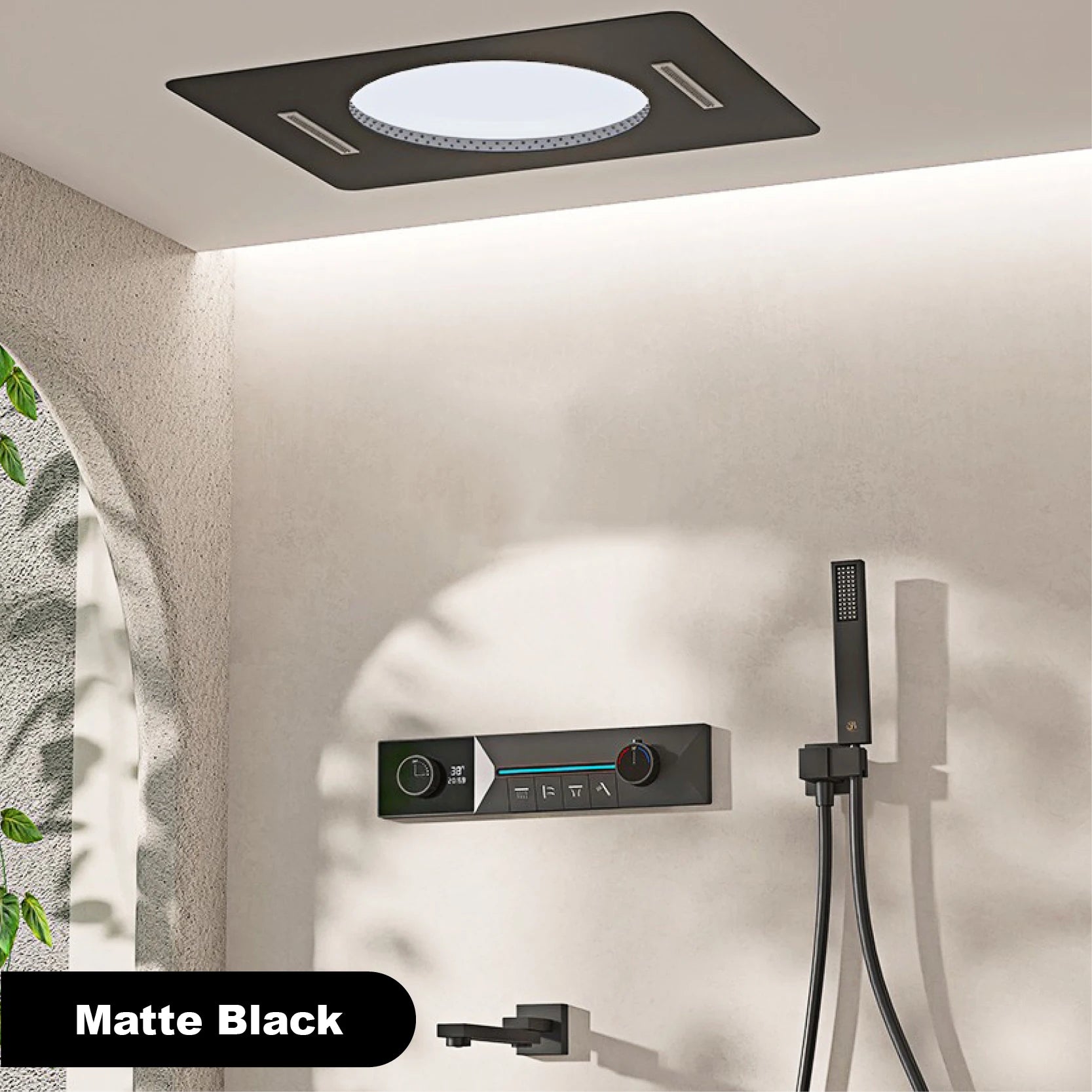 Gunmetal Gray Ceiling Mounted 4-Function Waterfall Shower System with Embedded Brass Thermostatic LED Display Body for Bathroom