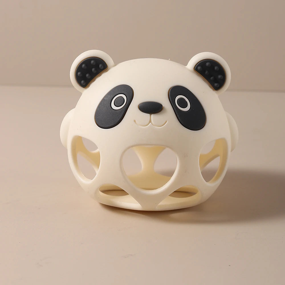 Cream and black silicone panda baby teething toy for soothing sore gums.
