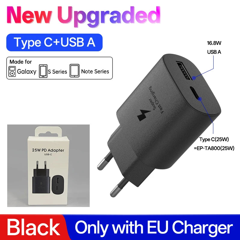 Samsung 25W USB-C Fast Charger Adapter - EU & US Plug Options Black 25w EU Plug Tidesmit