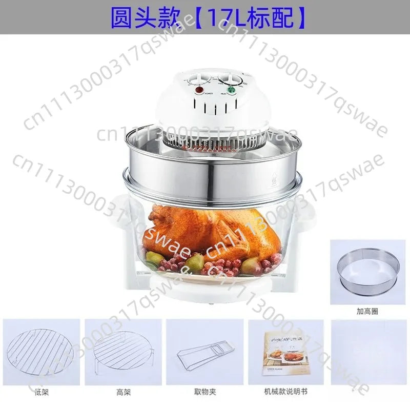 Glass air fryer oven with open white lid and stainless heating tray, bowl with food