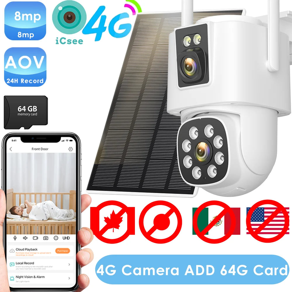 4G Solar Camera  Outdoors Wifi PTZ IP Camera 8MP 4K HD CCTV Camera AOV 24 Hour Recording Human Ai Auto Detect Tracking ICSee APP
