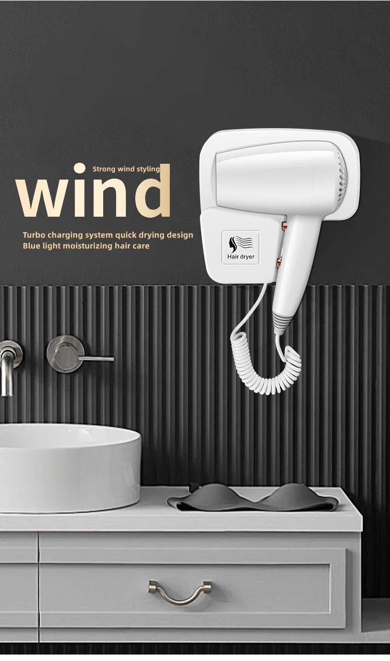 White wall-mounted bathroom hair dryer with blue light technology, coiled cord, and modern space-saving design.