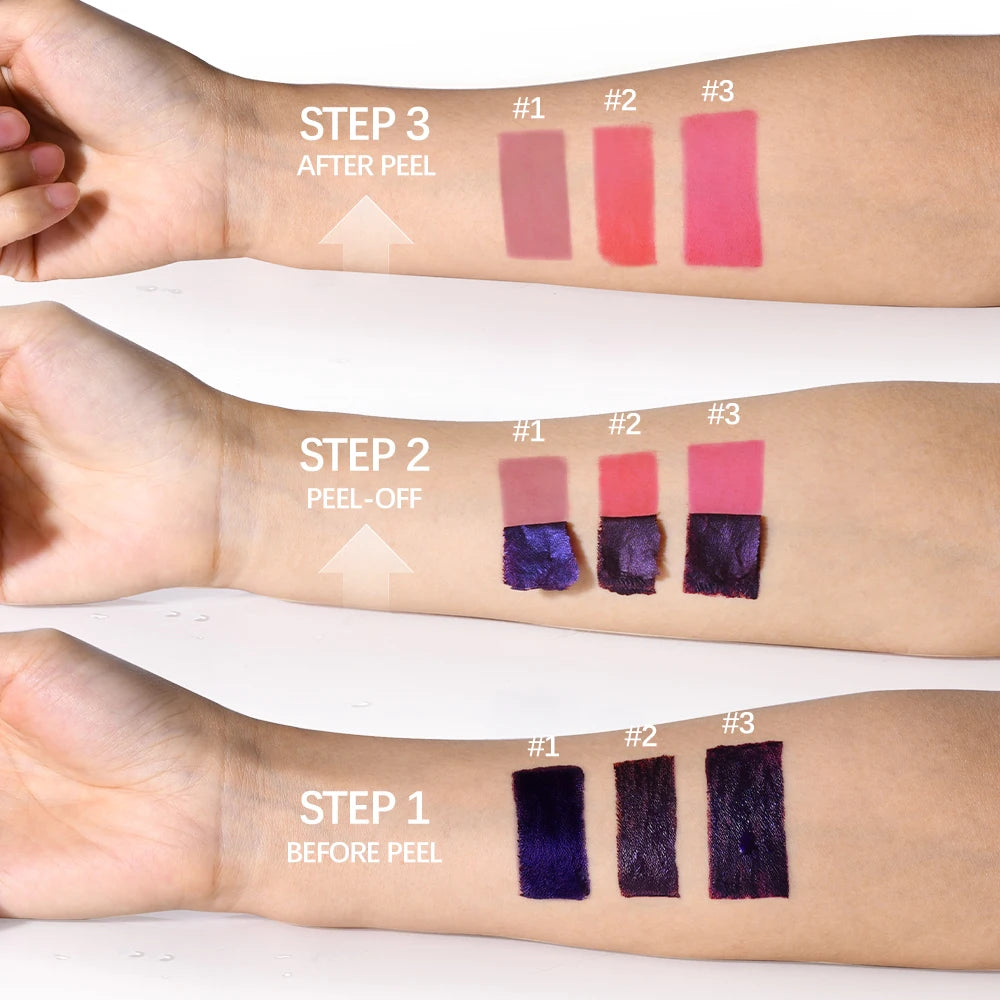 Waterproof peel-off lip stain swatches on arm showing before, during, and after matte finish results in three shades.