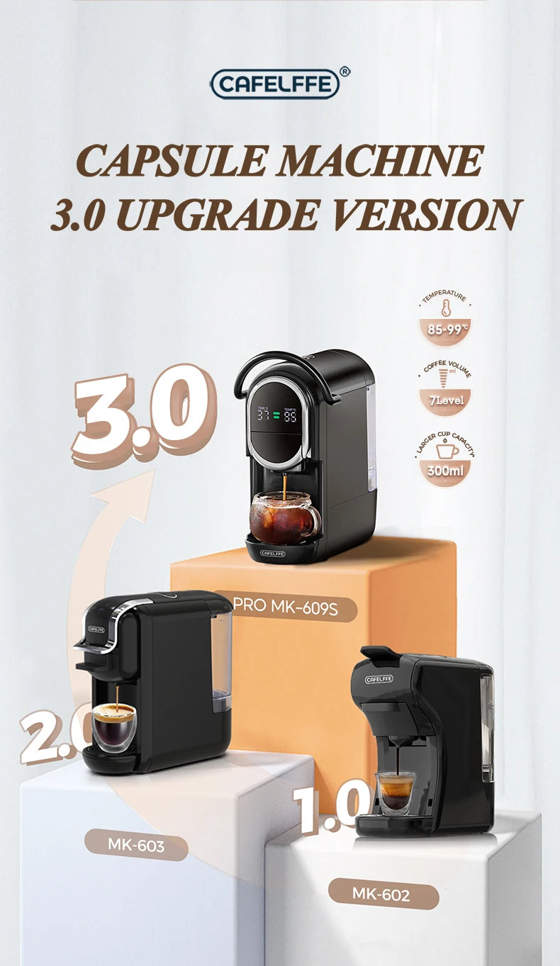 Cafelffe black capsule coffee machine 3.0 upgrade model with 300ml capacity, digital display, and sleek design.