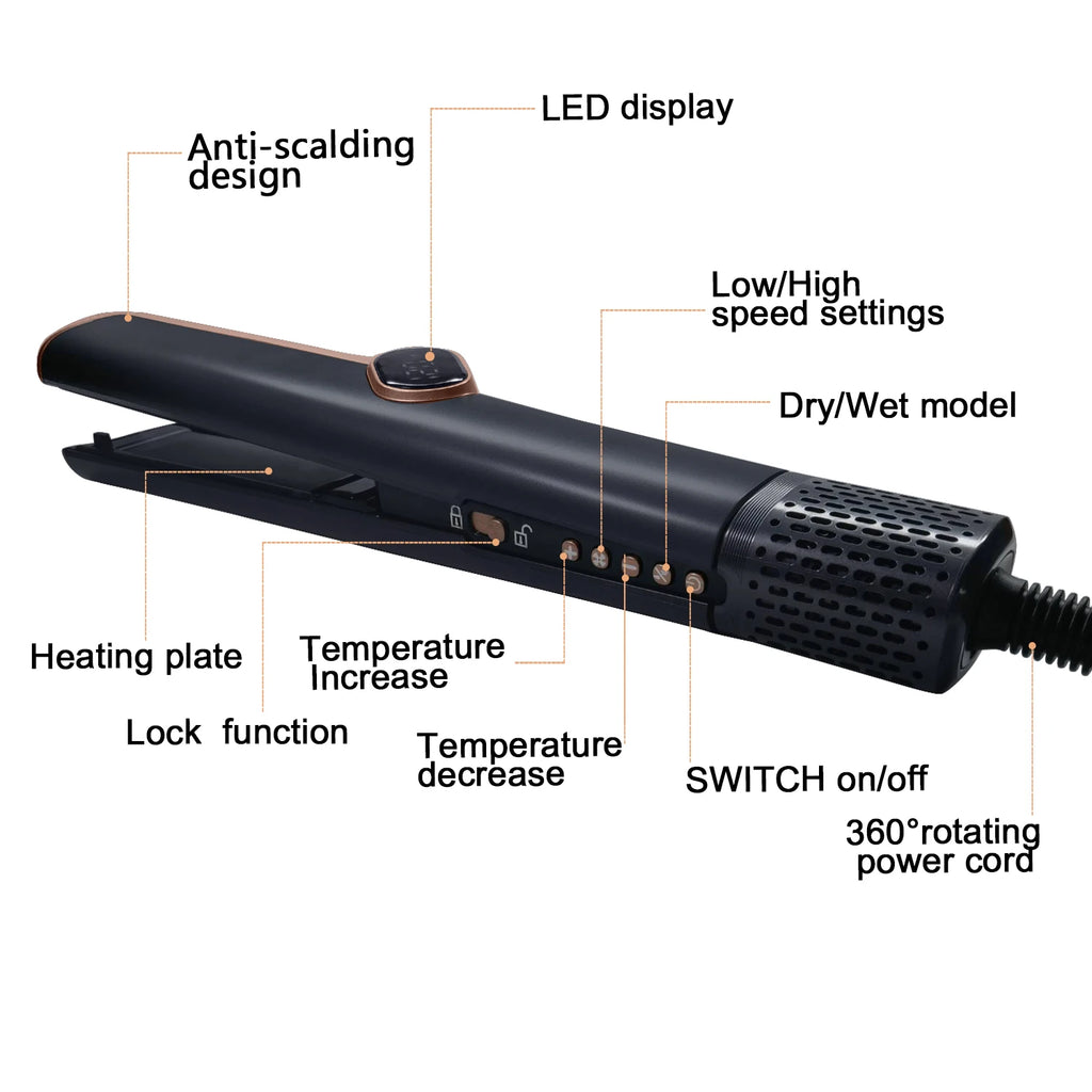 Black 2in1 hair straightener and dryer with LCD display, wet/dry settings, heating plates, and rotating power cord.